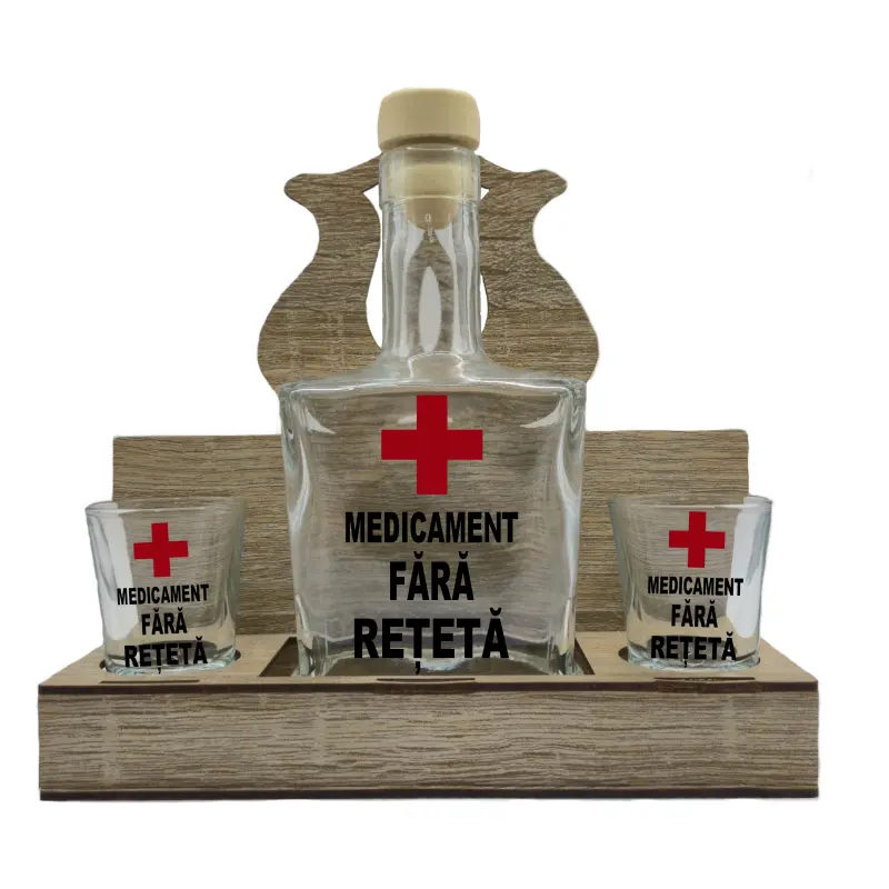 Medicament fara reteta, suport din lemn cu sticla si 2 pahare, model hgs011